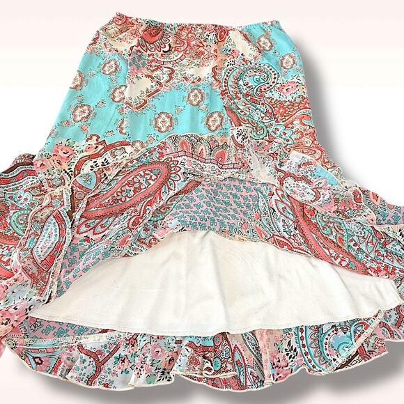 Y2K Teal Green Paisley Boho Skirt Asym Hem Rayon Elastic Waist Size M - Picture 3 of 8